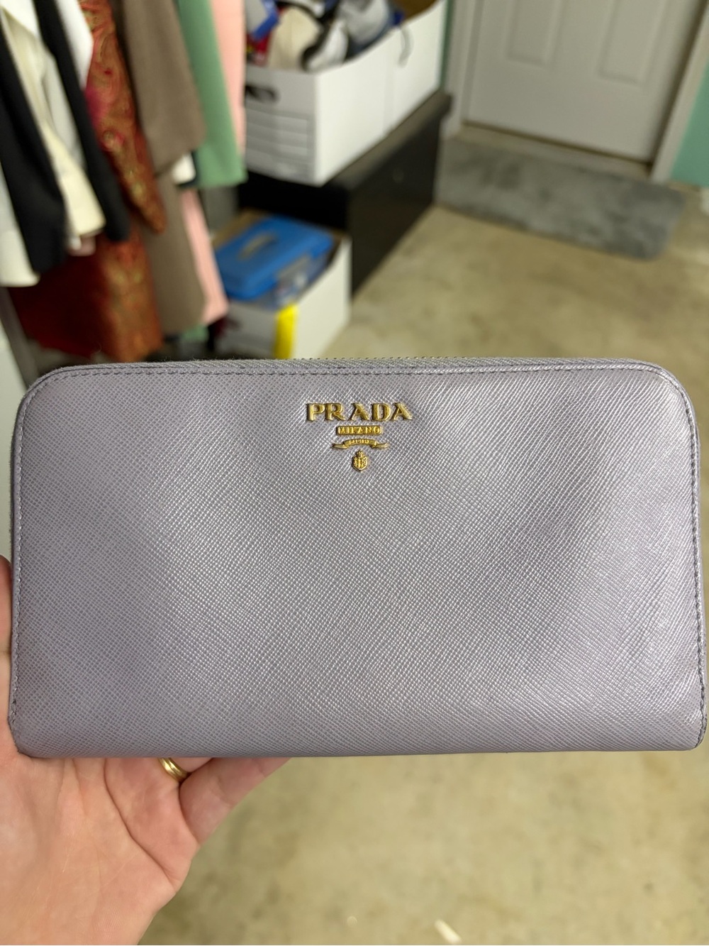 Prada Lavender Saffiano Zip-Around Wallet with Gold Logo